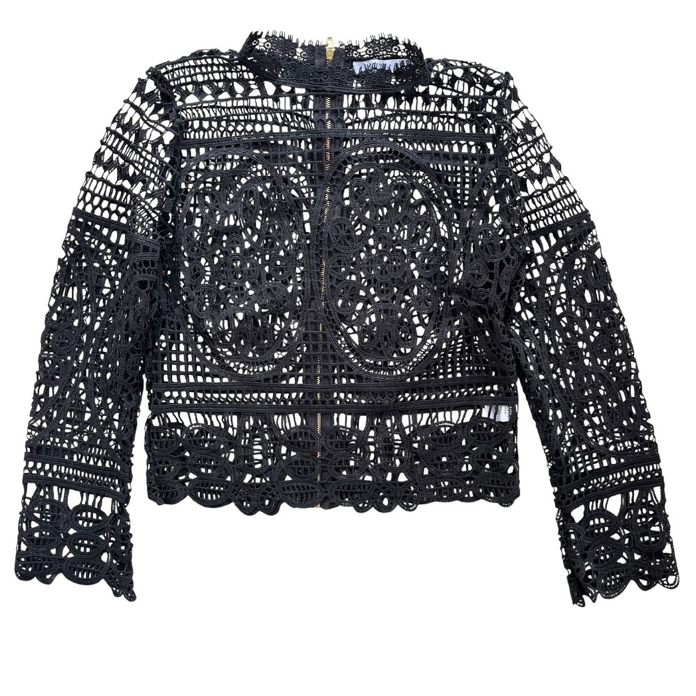 Story On Women’s S Black Crochet Lace Long Sleeves Crop Sheer Gold Zipper Blouse